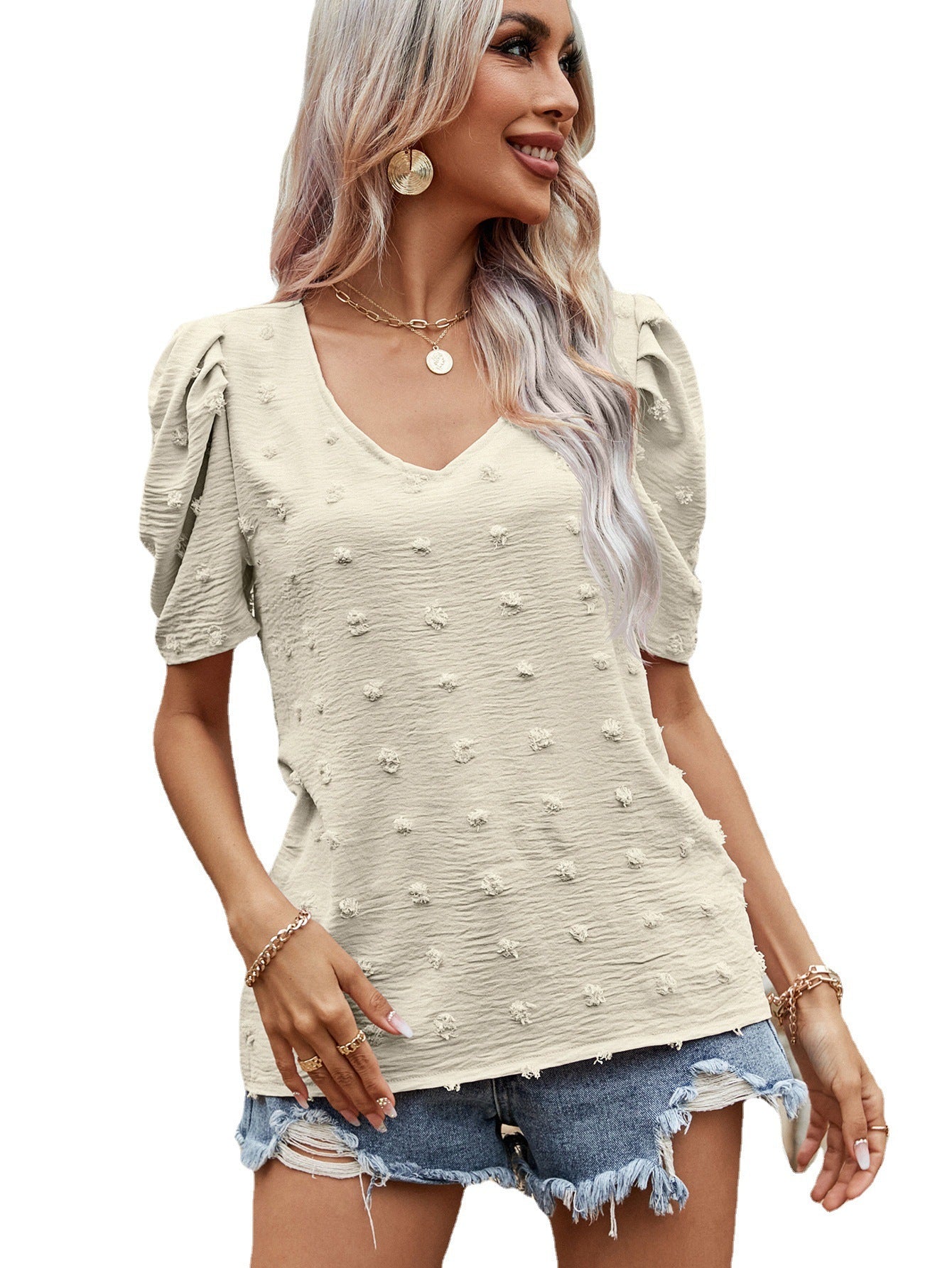 Canny V-neck Short-sleeve T-shirt For Women Puff Sleeve Casual Top