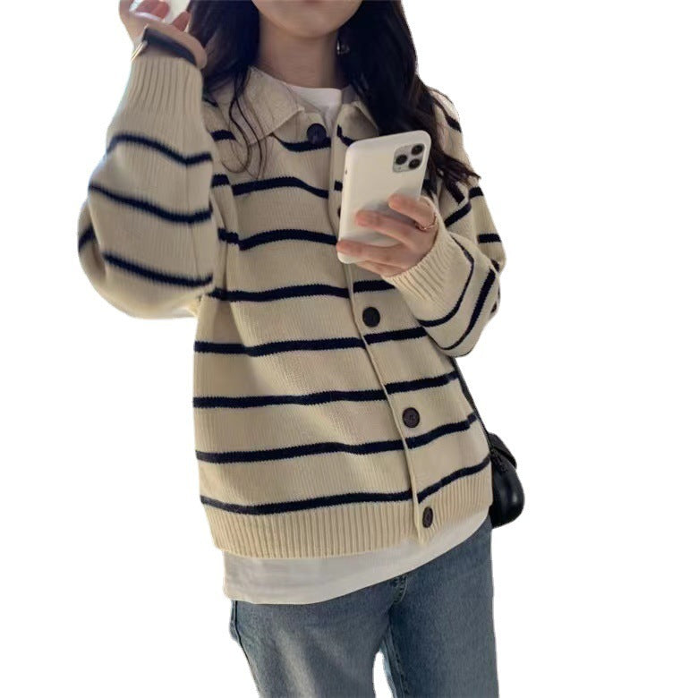 Vintage Lapel Striped Jumper Cardigan For Women