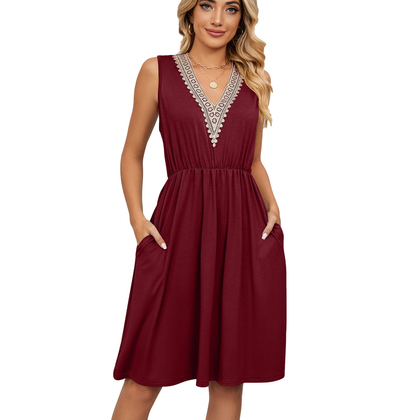 Canny Lace Panel Sleeveless Dresss With Pocket V-neck For Women