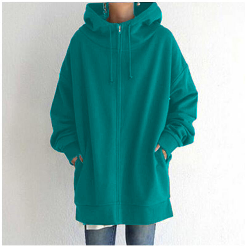 Zipper Hooded Long Plus Fleece Sweatshirt For Women