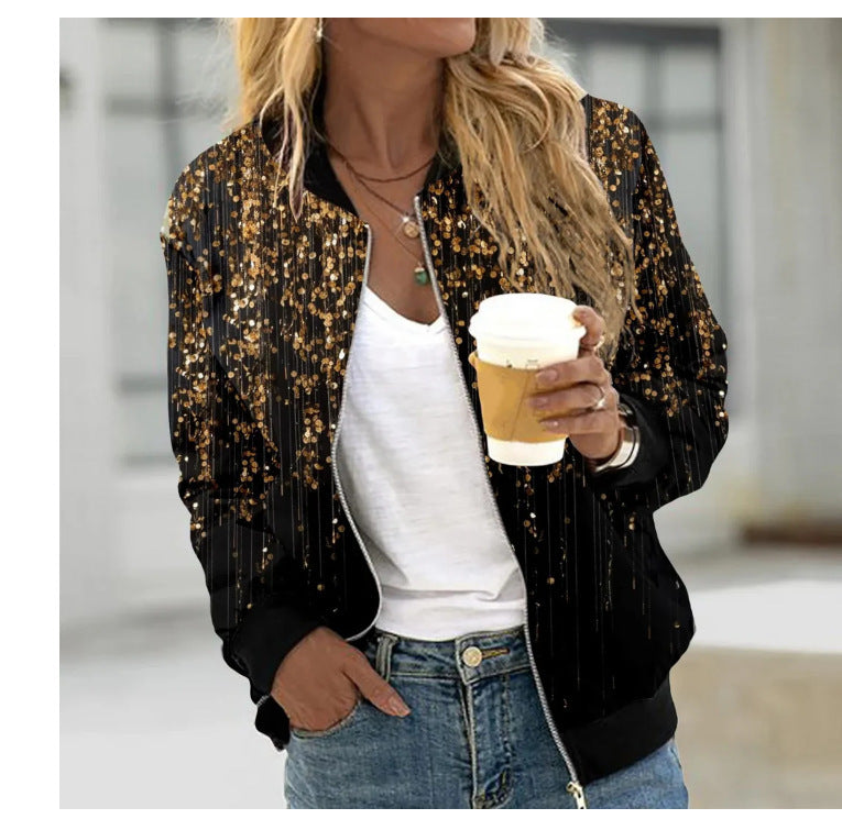 Autumn And Winter New Women's Long Sleeve Zipper Printed Jacket Coat