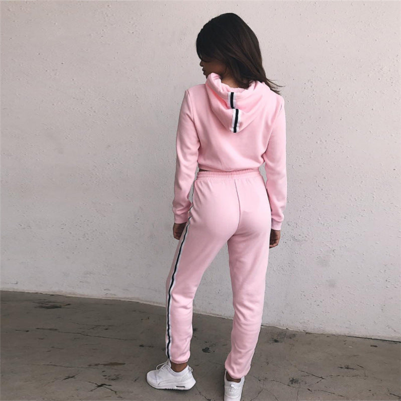 Women's Tracksuits 2 Piece Set Pink Crop Top And Pants Fashion Autumn Casual Lady Tumblr Long Sleeve Hoodies Pants Suit