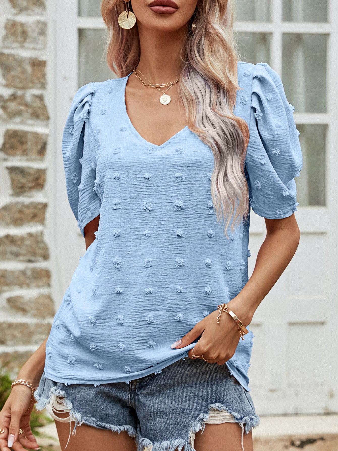 Canny V-neck Short-sleeve T-shirt For Women Puff Sleeve Casual Top