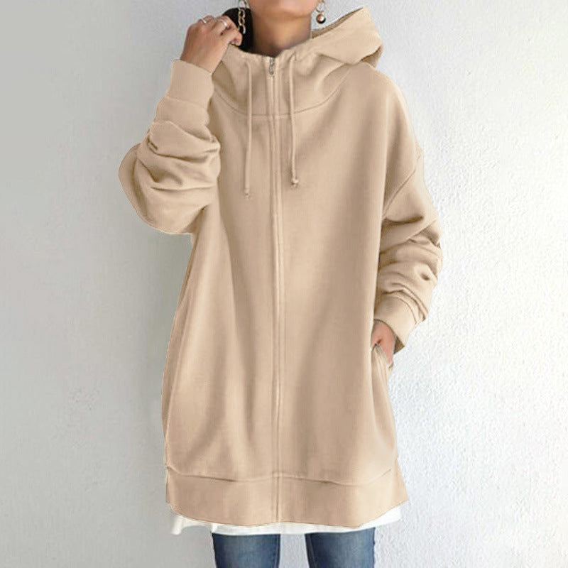 Zipper Hooded Long Plus Fleece Sweatshirt For Women