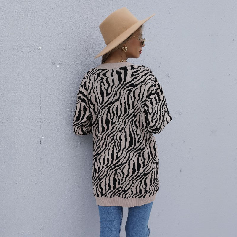 Women's New Knitted Cardigan Striped Loose Sweater Coat