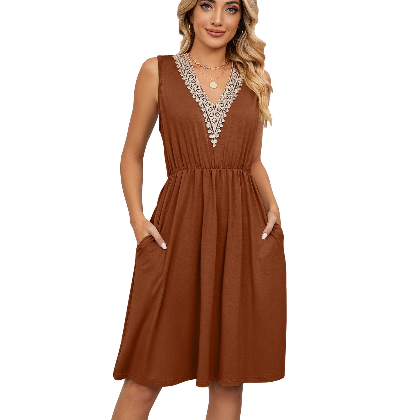 Canny Lace Panel Sleeveless Dresss With Pocket V-neck For Women