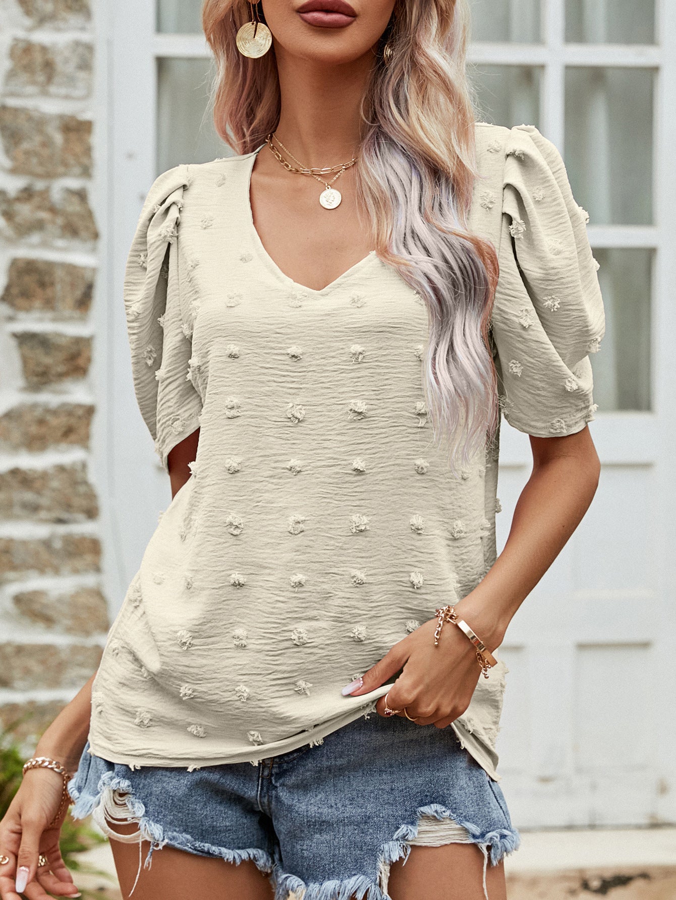 Canny V-neck Short-sleeve T-shirt For Women Puff Sleeve Casual Top