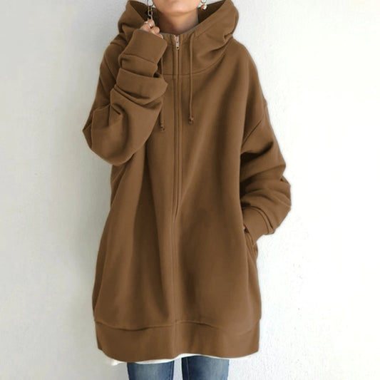 Zipper Hooded Long Plus Fleece Sweatshirt For Women