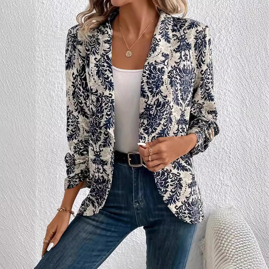 Women's Fashionable Cardigan Lapel Long Sleeve Printed Jacket