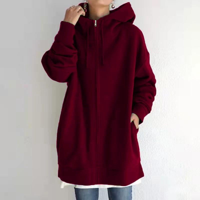 Zipper Hooded Long Plus Fleece Sweatshirt For Women