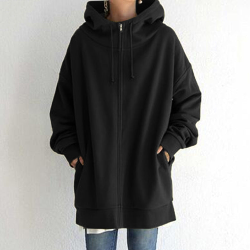 Zipper Hooded Long Plus Fleece Sweatshirt For Women