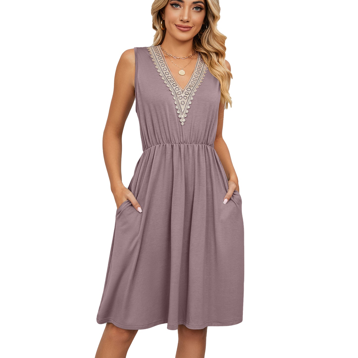 Canny Lace Panel Sleeveless Dresss With Pocket V-neck For Women