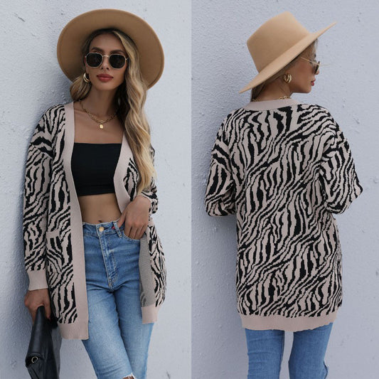 Women's New Knitted Cardigan Striped Loose Sweater Coat