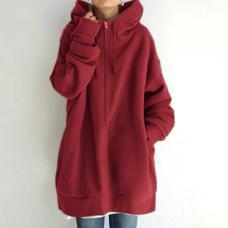 Zipper Hooded Long Plus Fleece Sweatshirt For Women