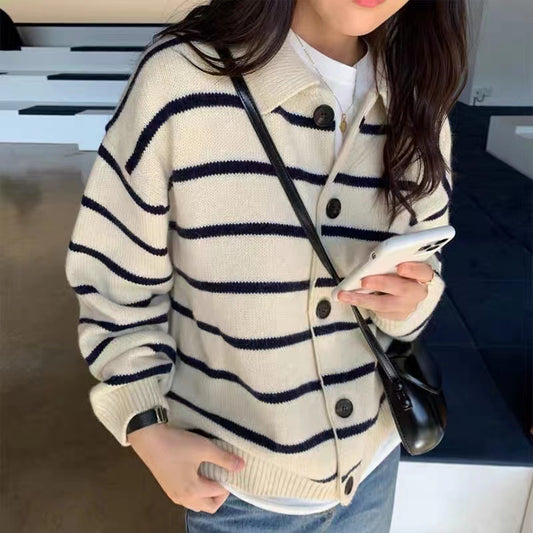 Vintage Lapel Striped Jumper Cardigan For Women