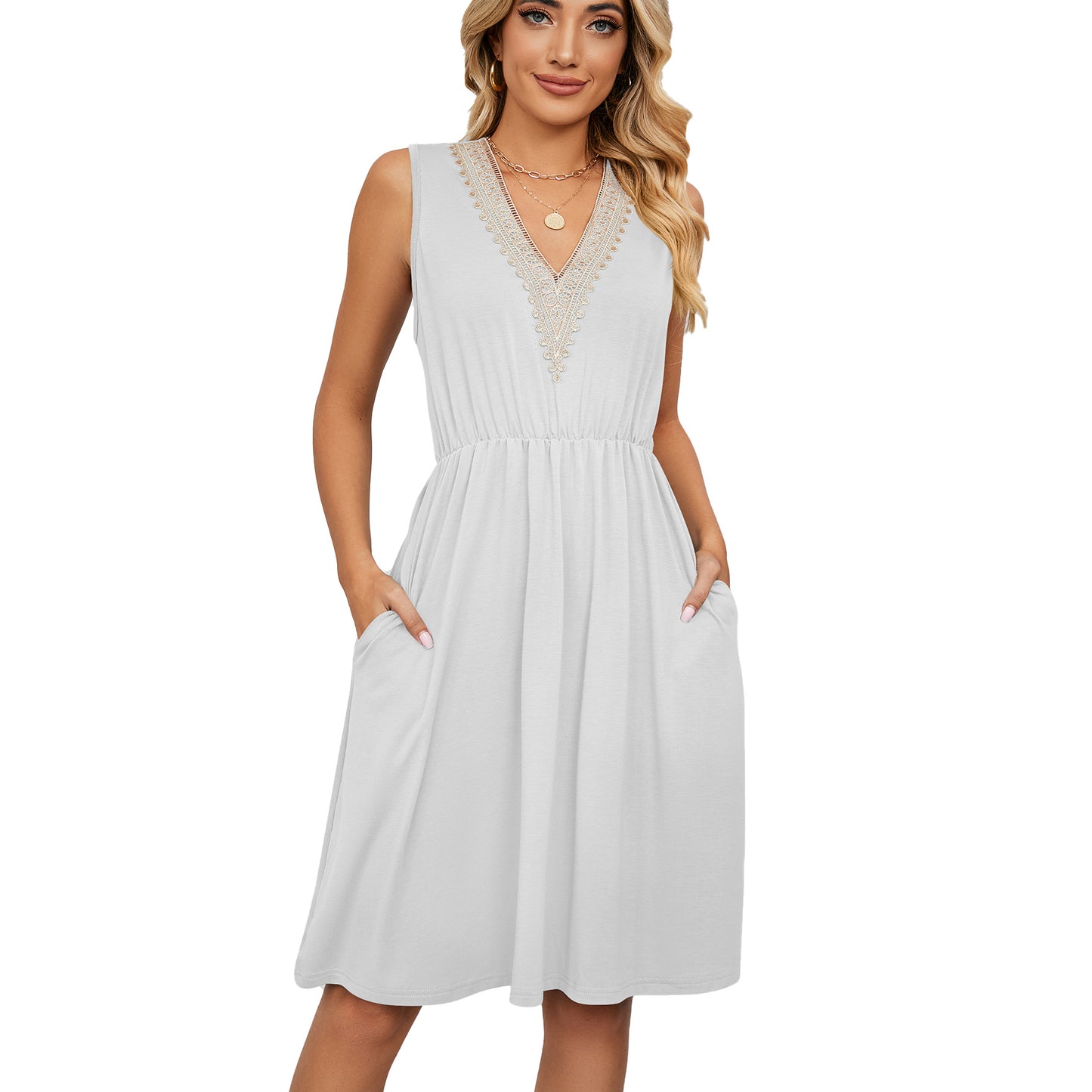 Canny Lace Panel Sleeveless Dresss With Pocket V-neck For Women