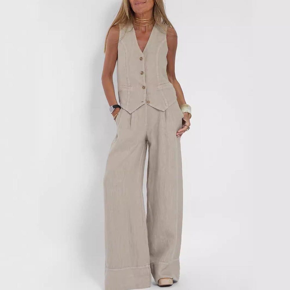 Women's Casual V-neck Button Sleeveless Top & Straight Trousers Suits