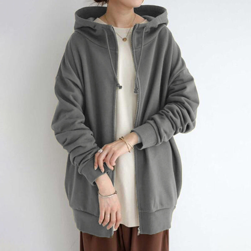 Zipper Hooded Long Plus Fleece Sweatshirt For Women