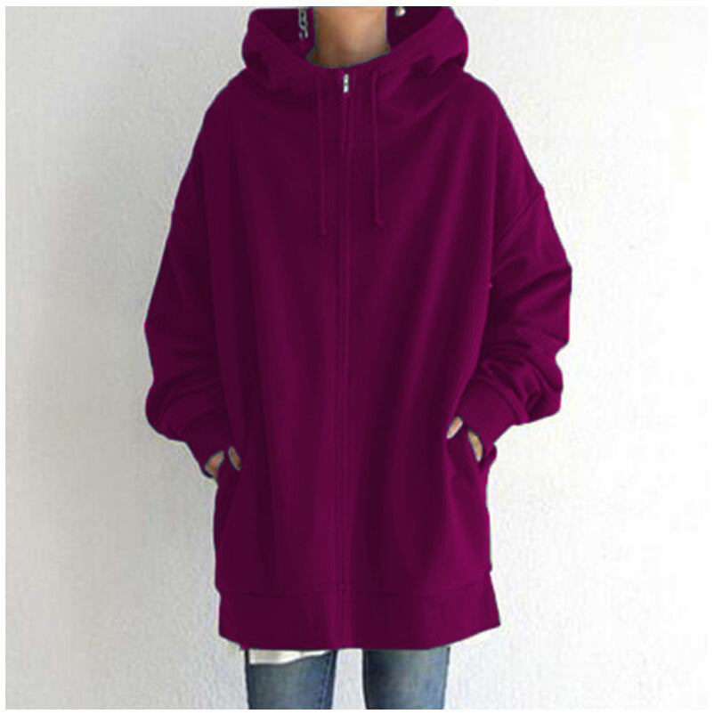 Zipper Hooded Long Plus Fleece Sweatshirt For Women