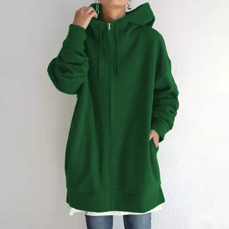 Zipper Hooded Long Plus Fleece Sweatshirt For Women